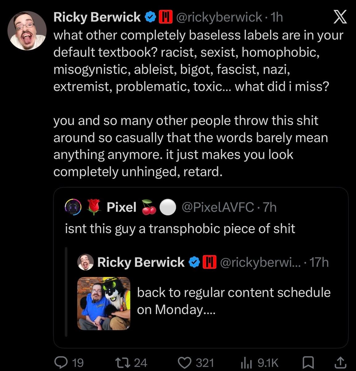 Ricky Berwick responds to transphobic pos label