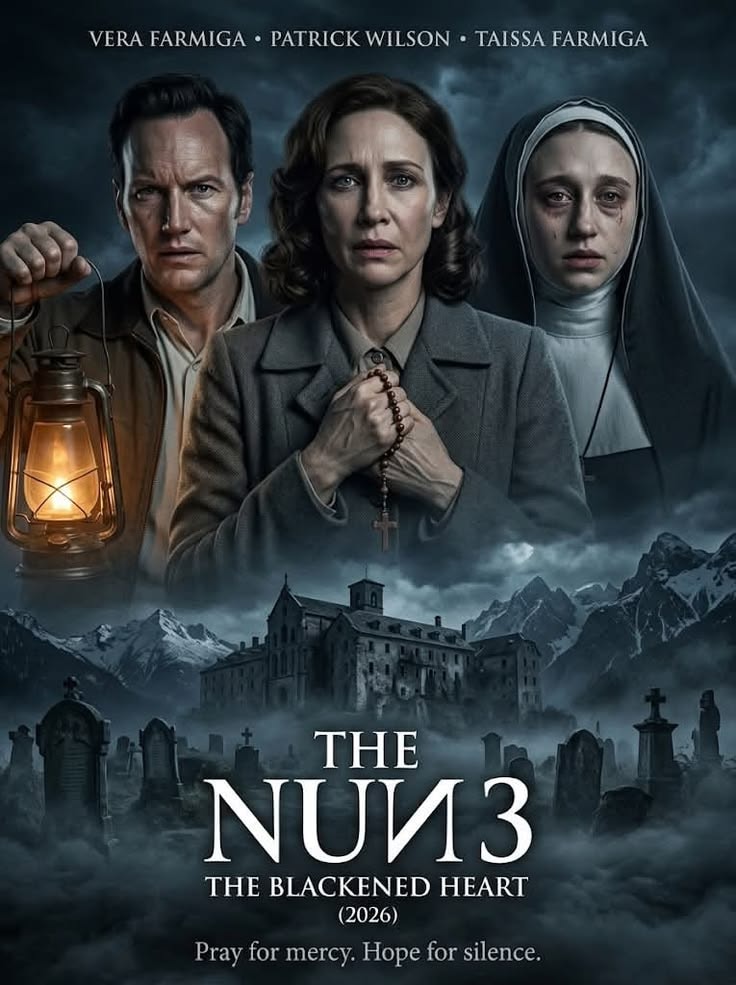 Movie poster with three serious characters