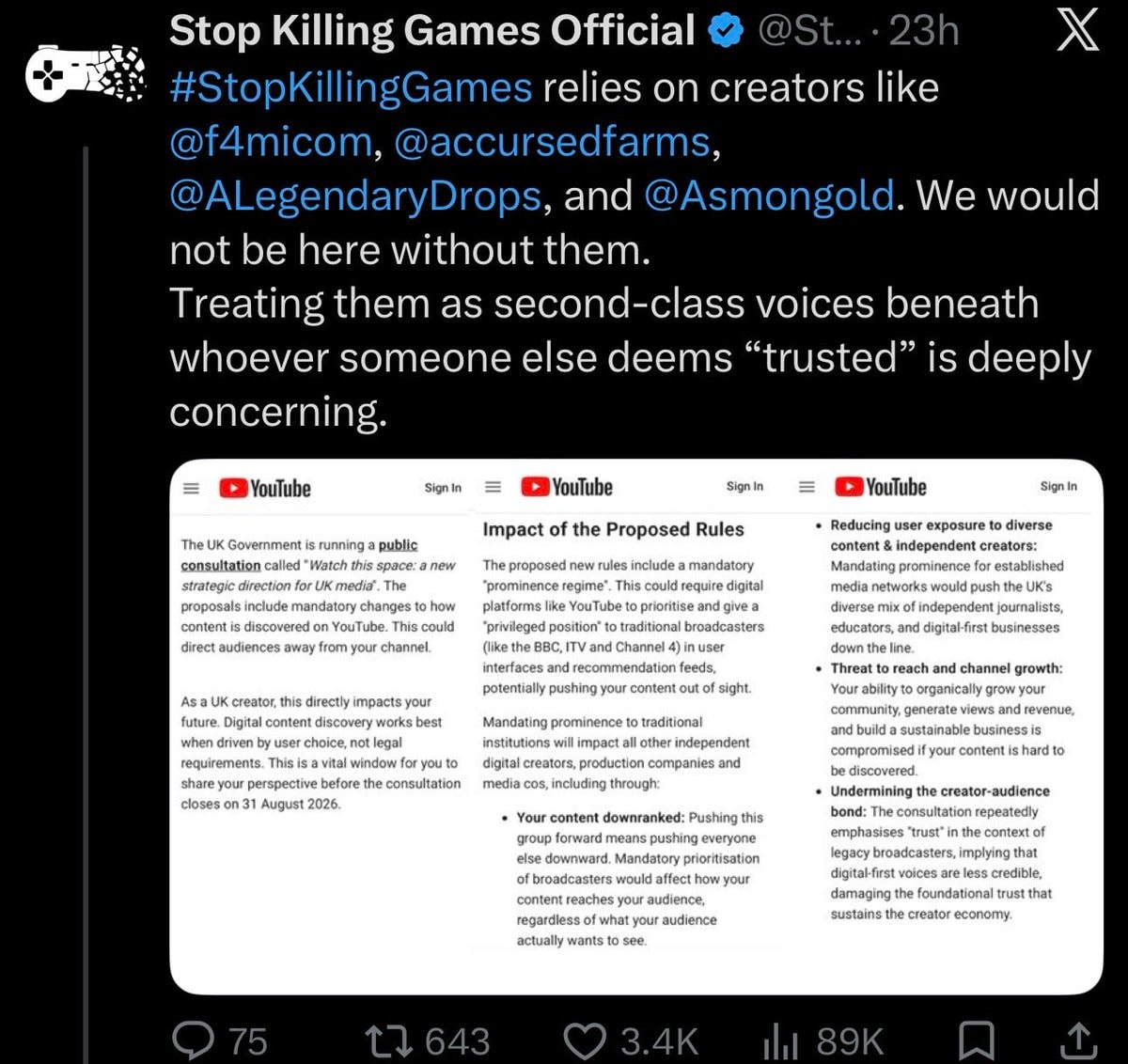 Stop Killing Games UK YouTube rules response