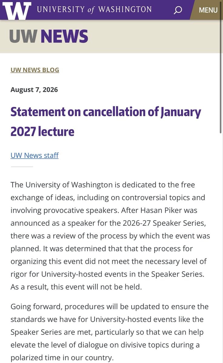 Hasan Piker UW lecture cancelled