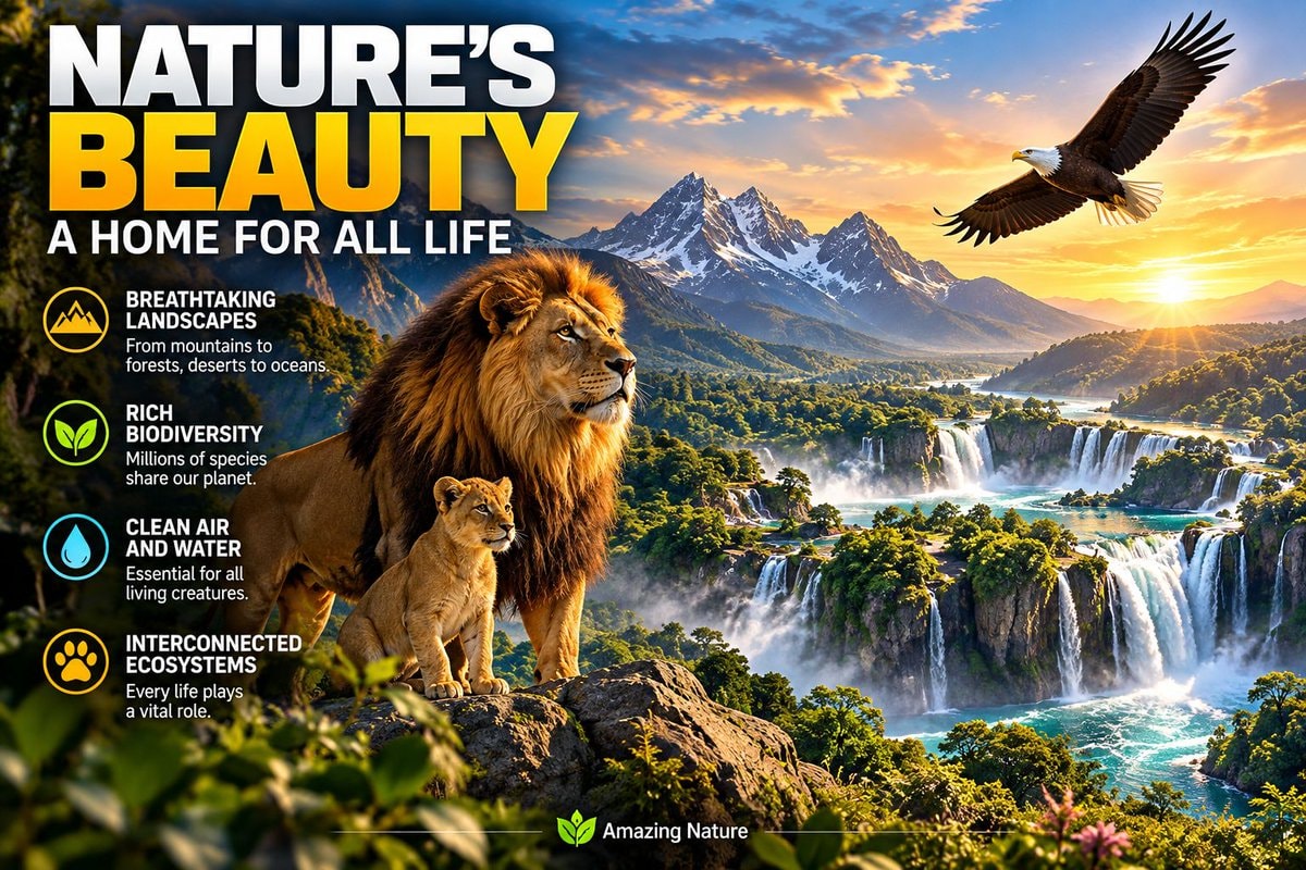 Lion and cub on rock with eagle and waterfalls