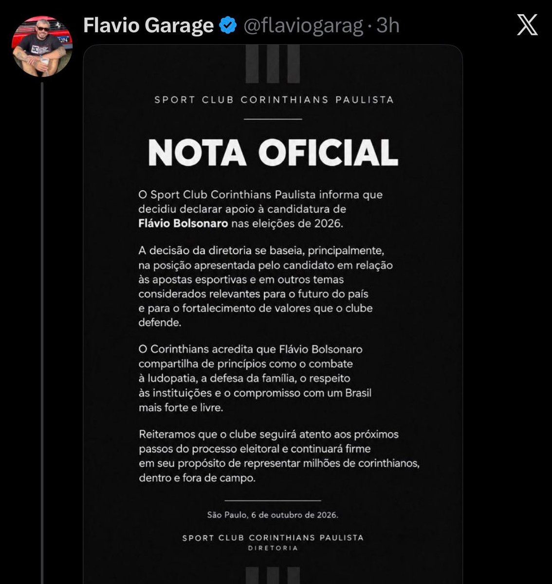 Corinthians denies supporting Flávio Bolsonaro 2026