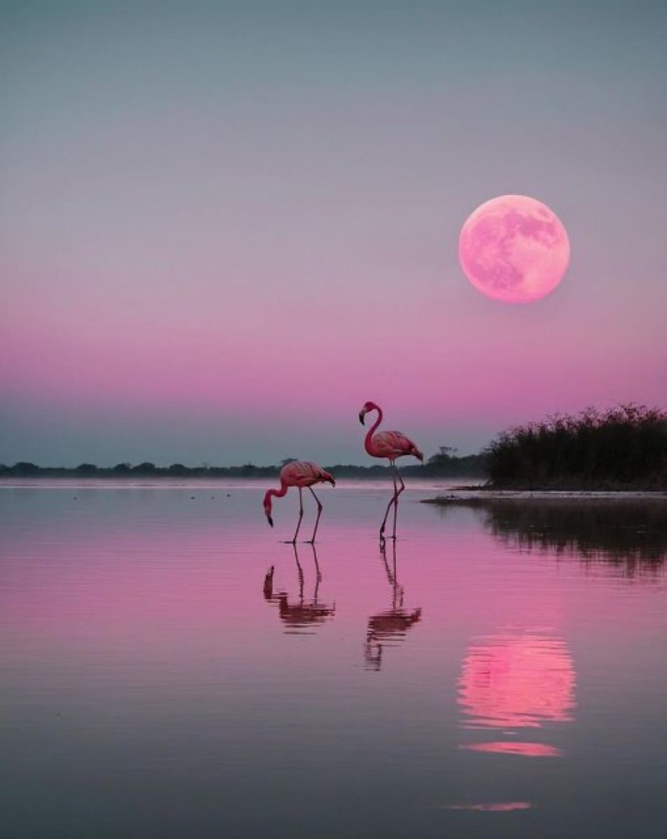 Flamingos pink moon reflection