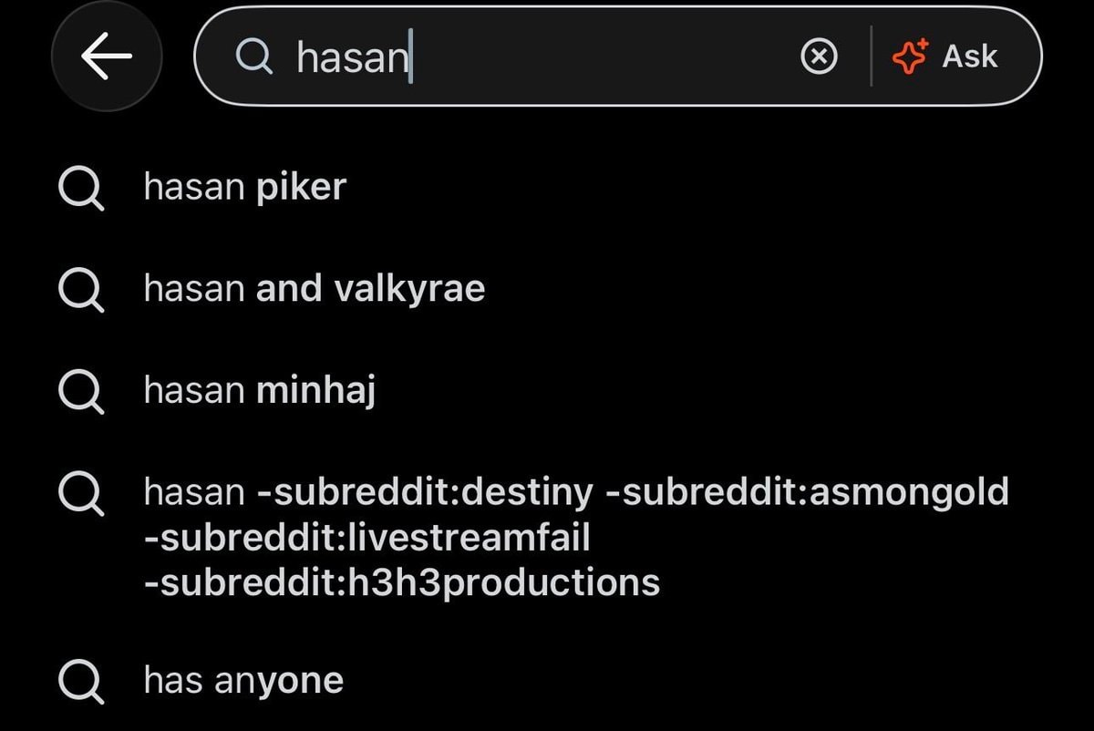 Reddit autofill excludes Hasan-related subreddits