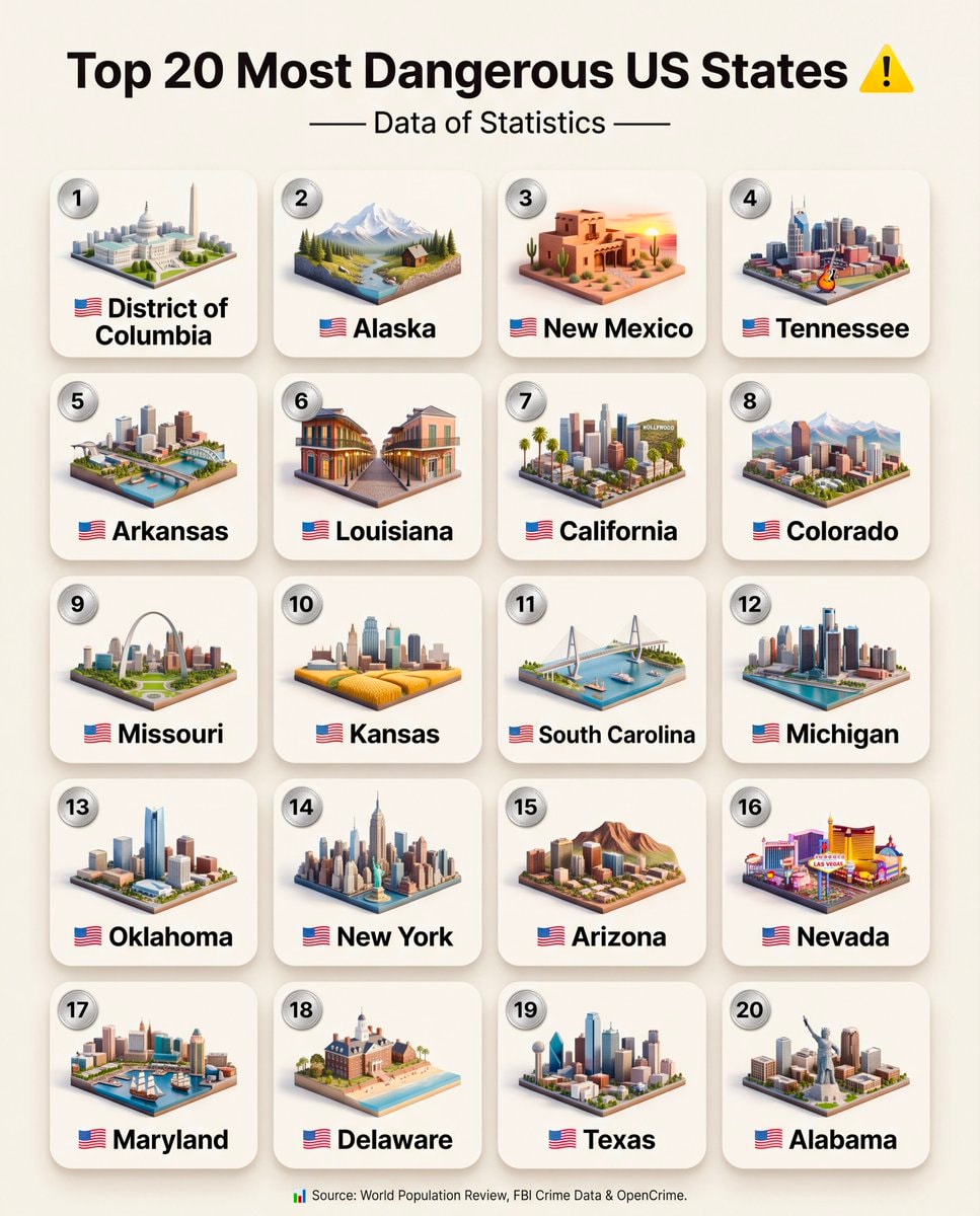 Top 20 Most Dangerous US States ⚠️