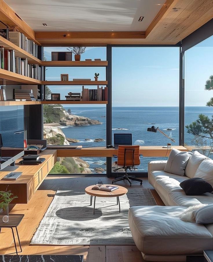 modern home office with ocean view