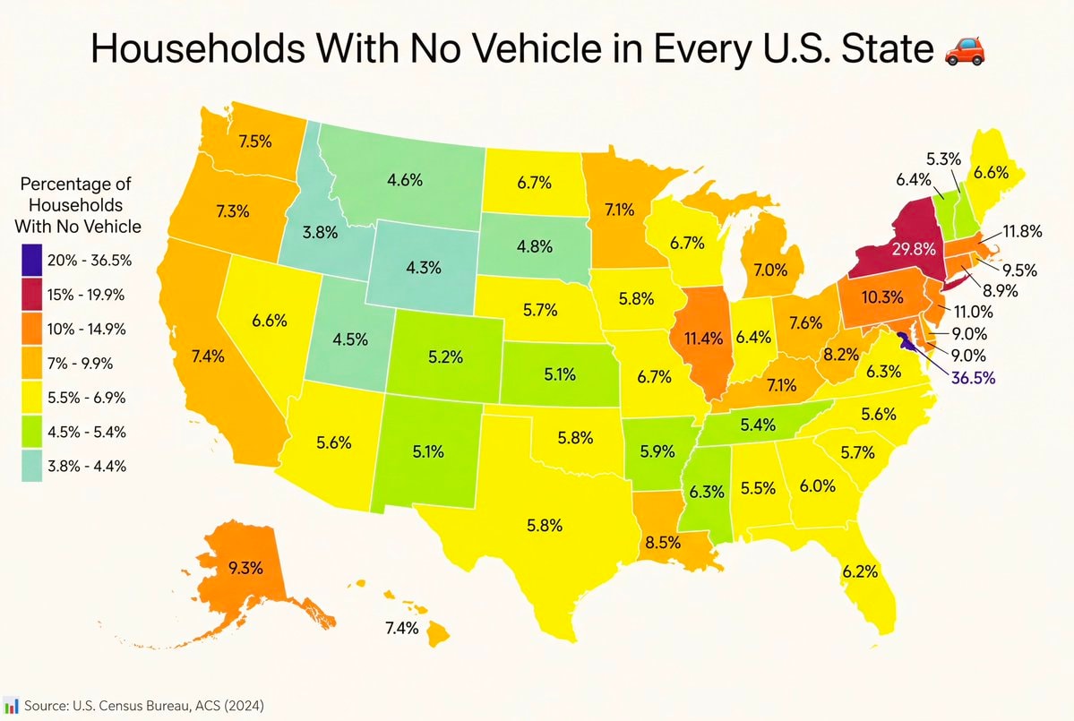 Households With No Vehicle in Every U.S. State