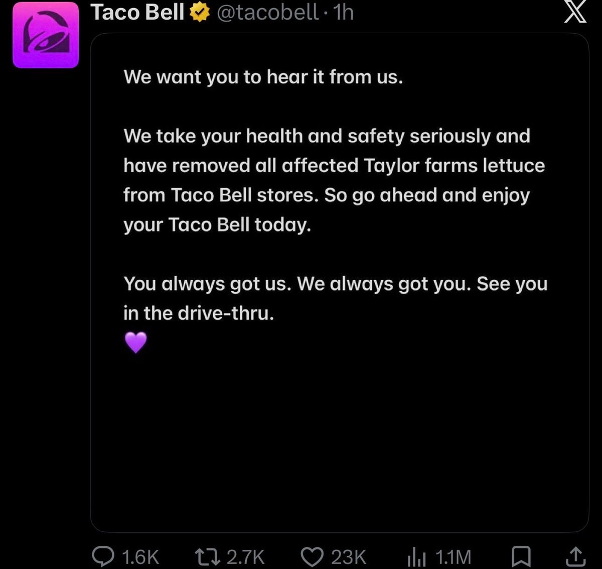 Taco Bell statement on lettuce recall 💜