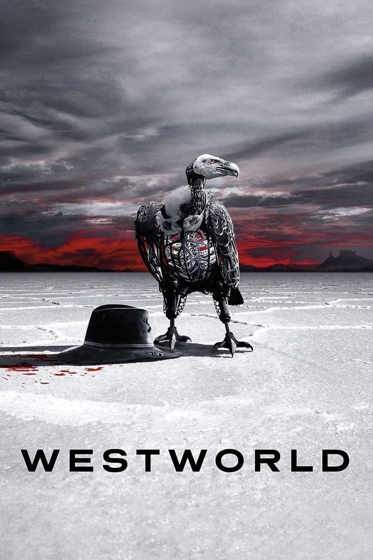 mechanical vulture in white landscape