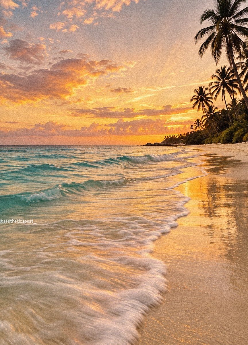 sunset beach with palm tree silhouettes