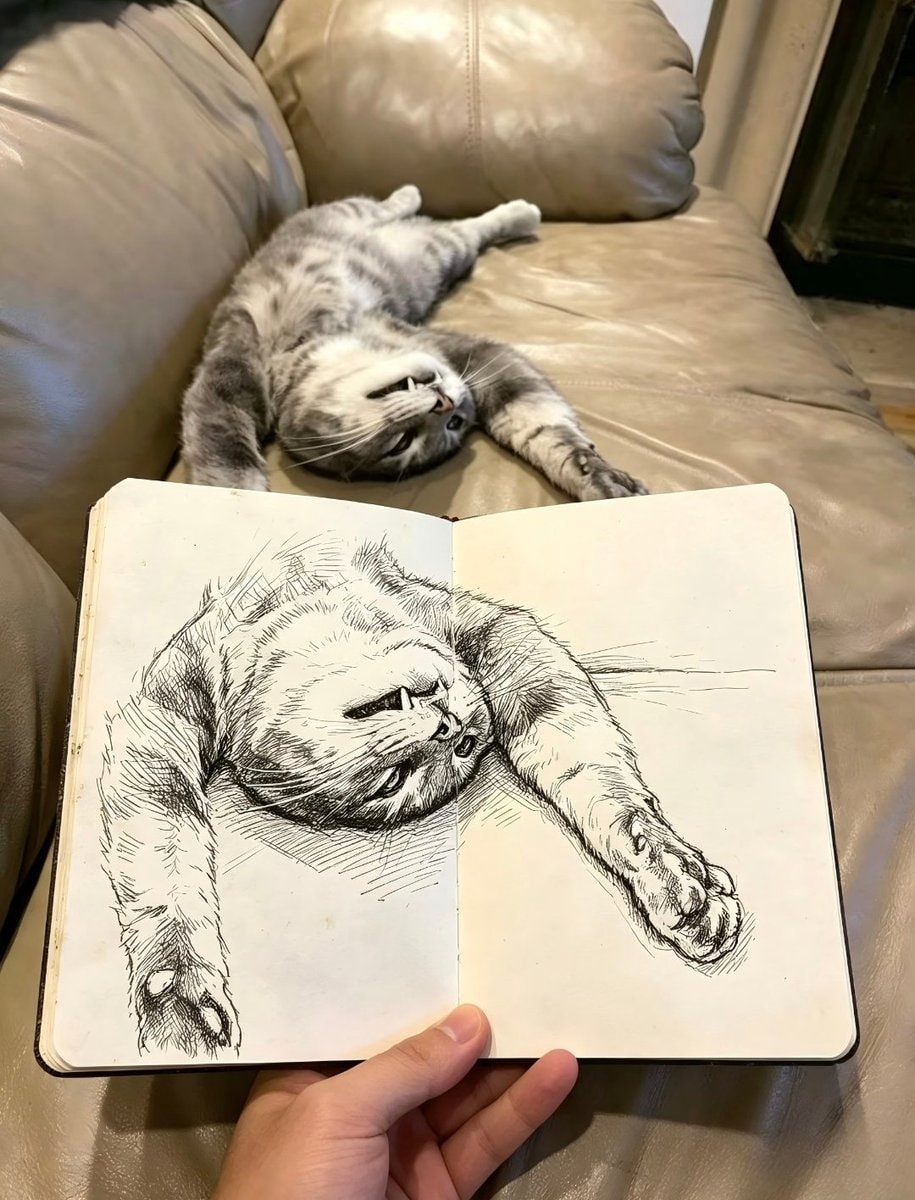 Cat upside down with ink sketch Cat upside down with ink sketch
