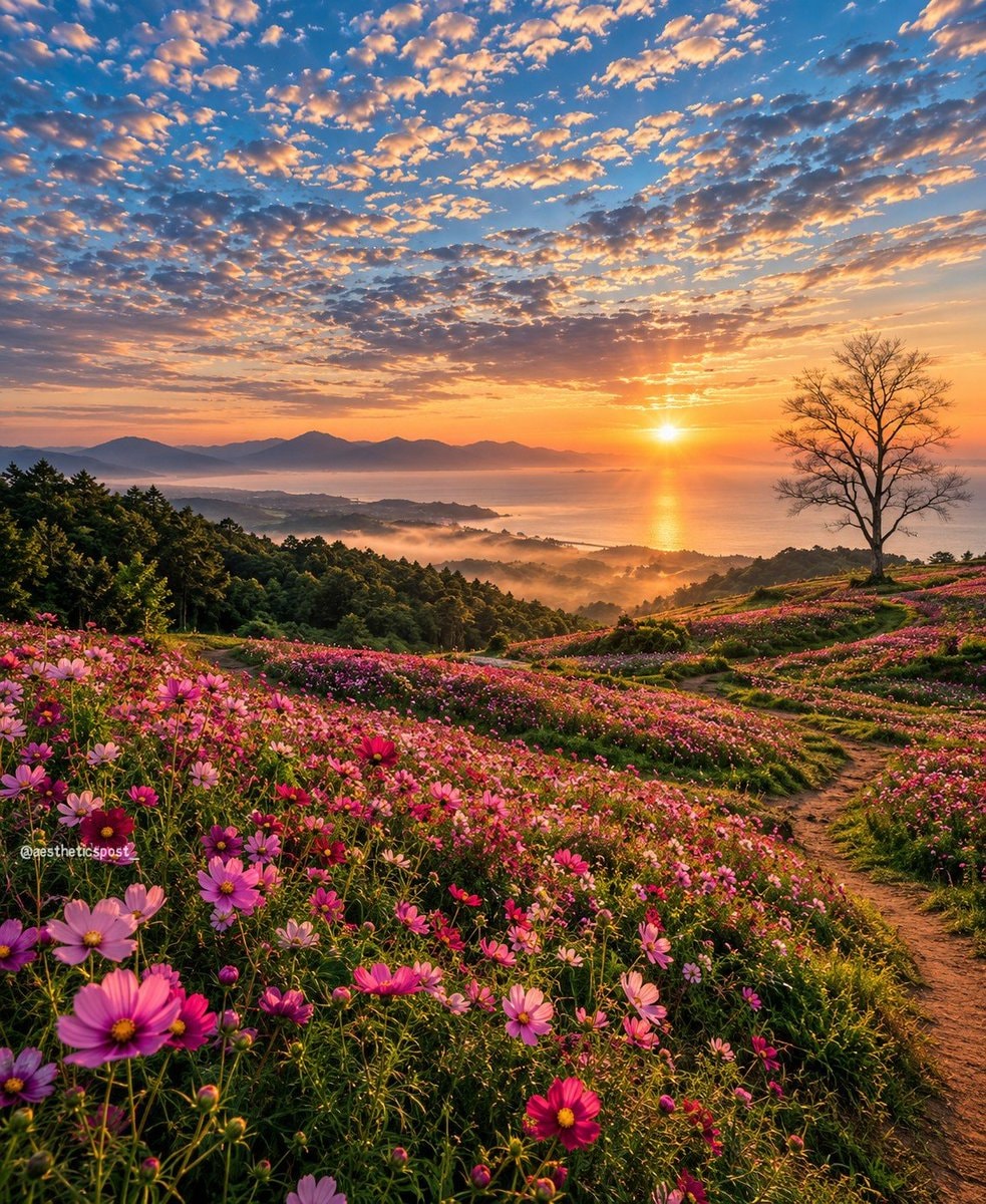 rolling hills with pink flowers