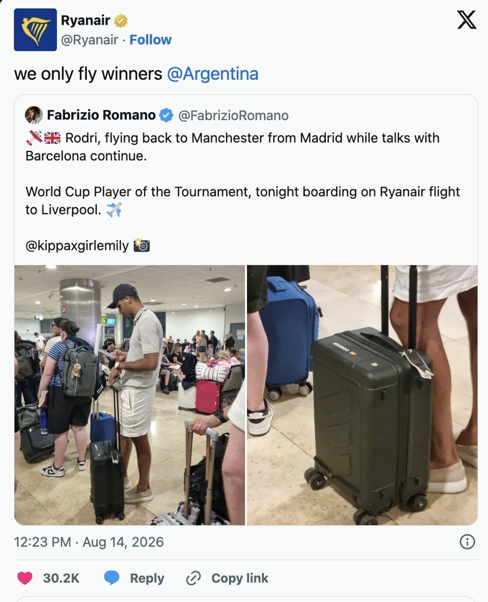 Rodri flying Ryanair Madrid Liverpool