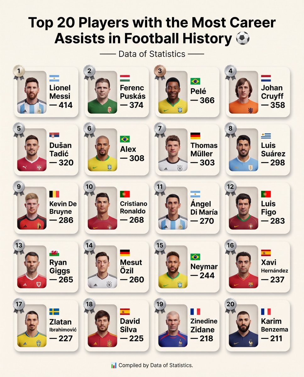 Top 20 players most career assists football