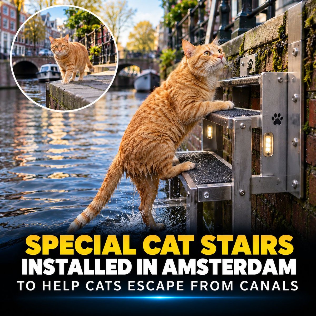 Amsterdam cat escape stairs in canals