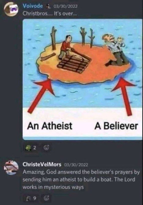 Atheist raft vs believer prayer meme