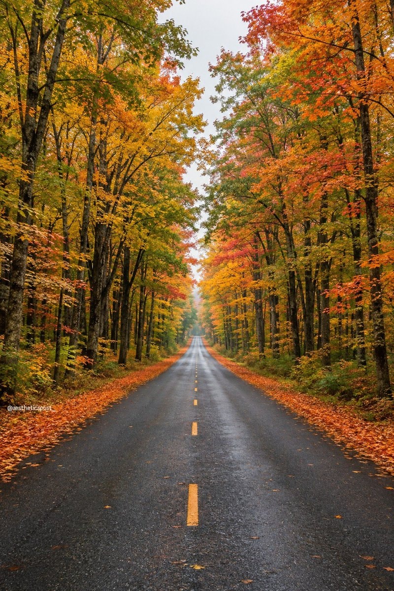 scenic wet road autumn foliage