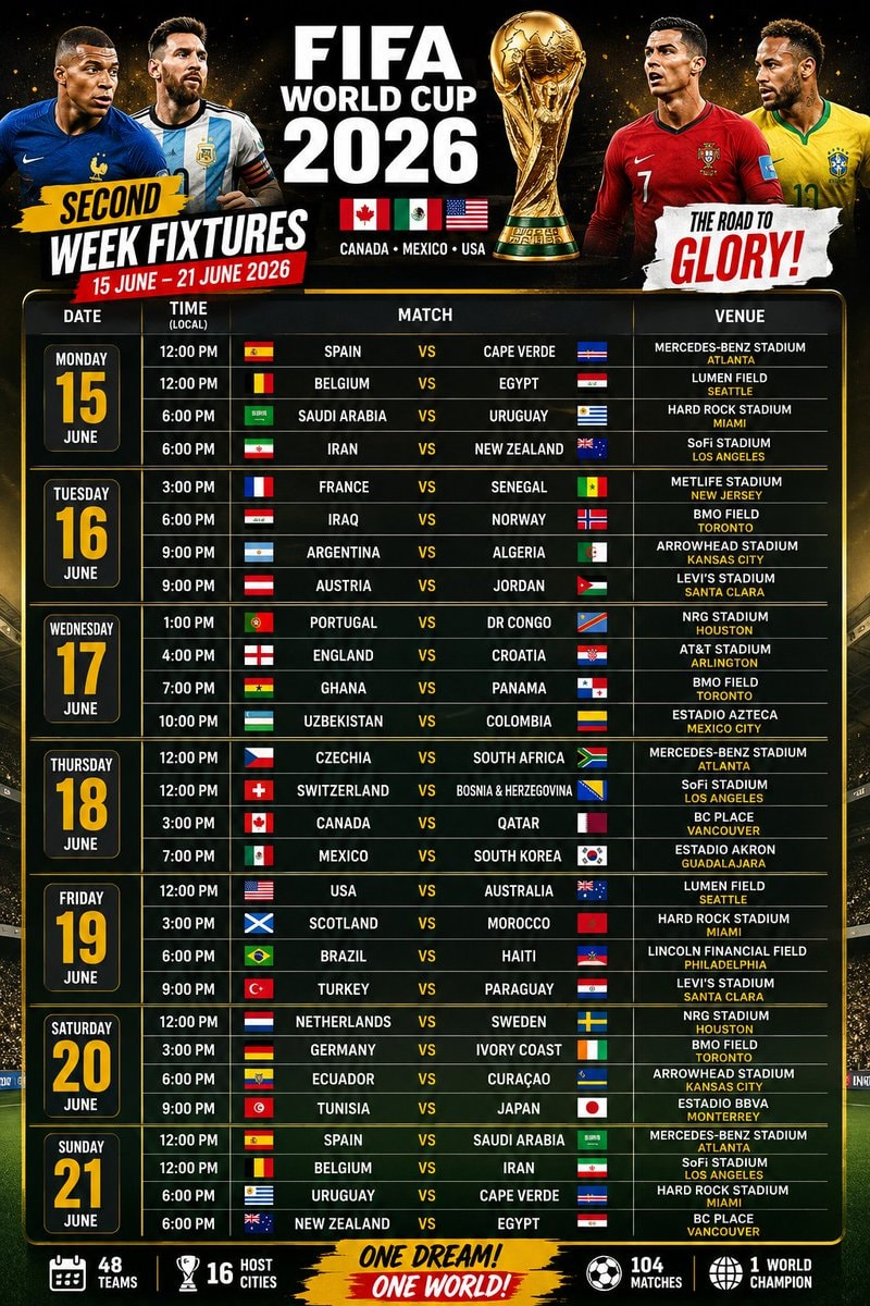 FIFA World Cup 2026 Second Week Fixtures 🏆