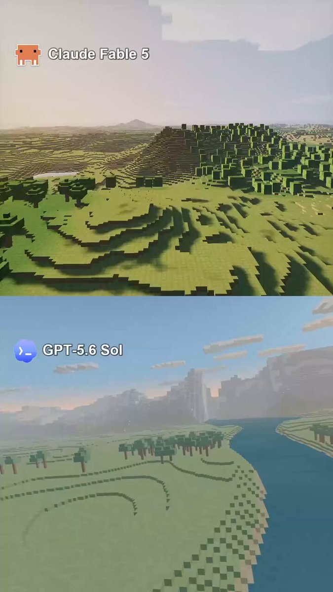 Claude Fable 5 vs GPT-5.6 Sol voxel world