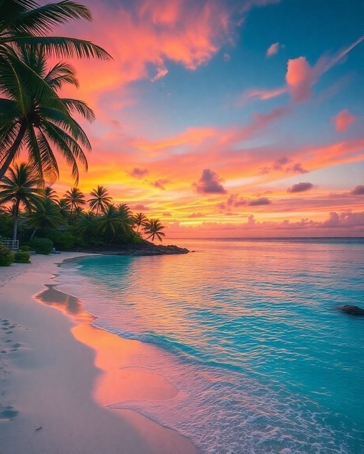 tropical beach sunset with footprints