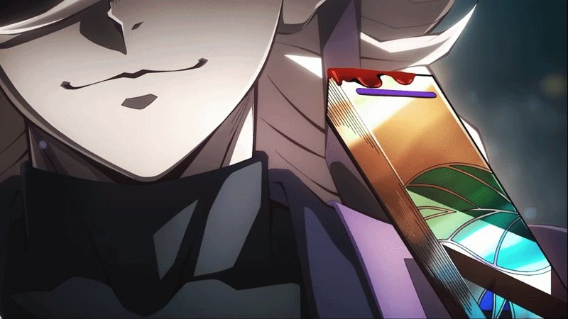 Smug anime character bloodied weapon GIF