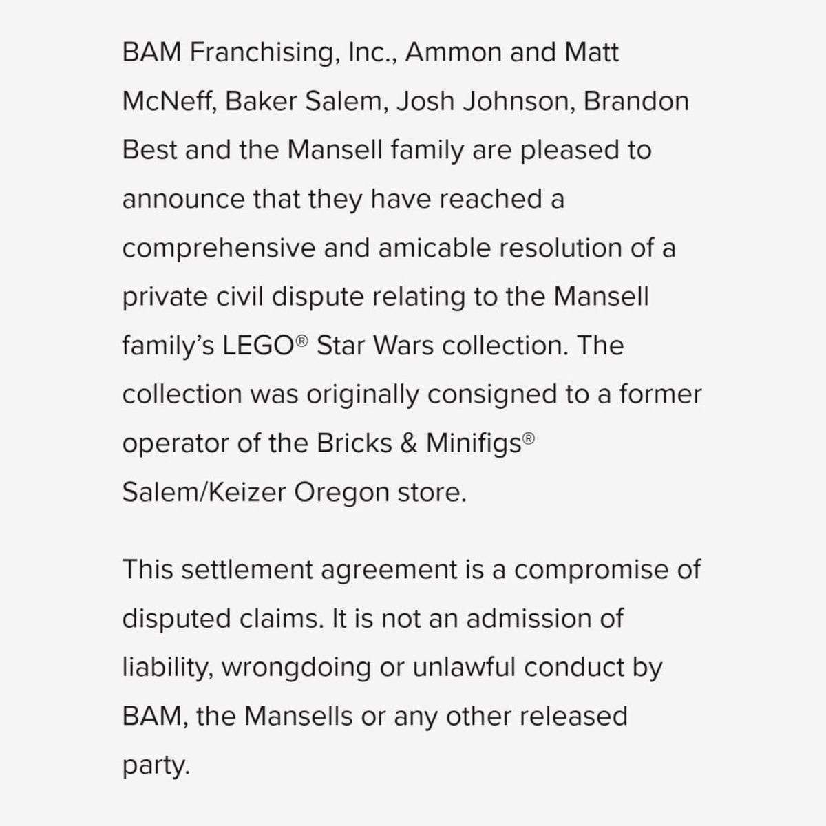 Bricks & Minifigs settles with Mansell family (photo 2 of 2)