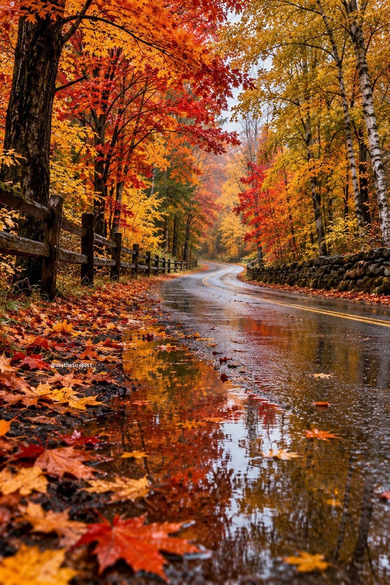 wet winding road autumn leaves