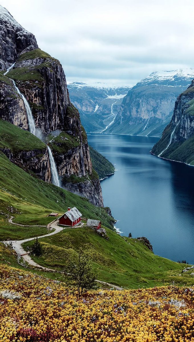 Norway red house mountains