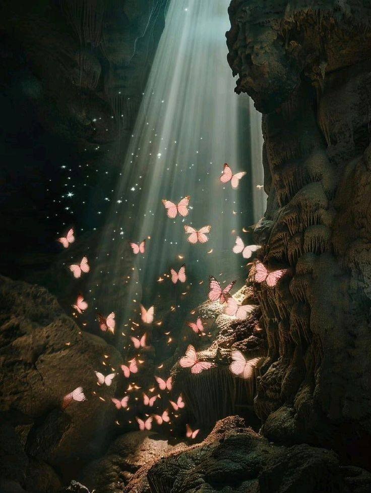 cave with pink butterflies and light