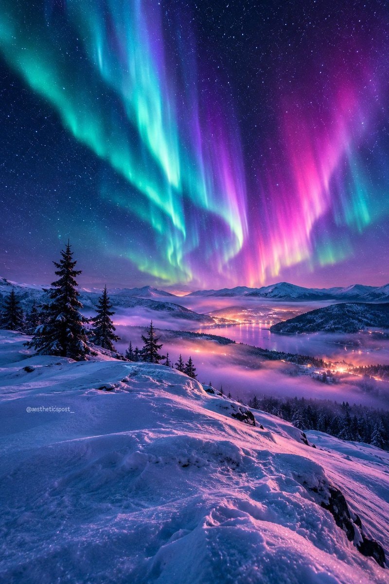 aurora over lake town