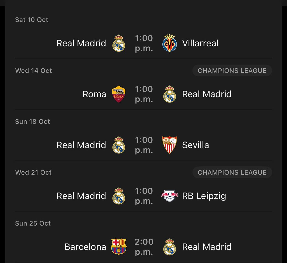 Real Madrid October schedule Real Madrid October schedule