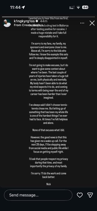 Nick Kyrgios Mallorca drug test apology (photo 2 of 2)