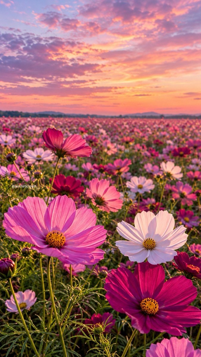 pink and white cosmos at sunset