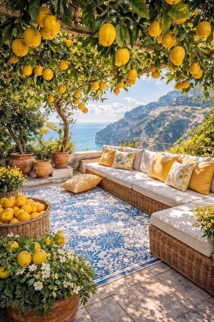 Coastal patio with lemon trees