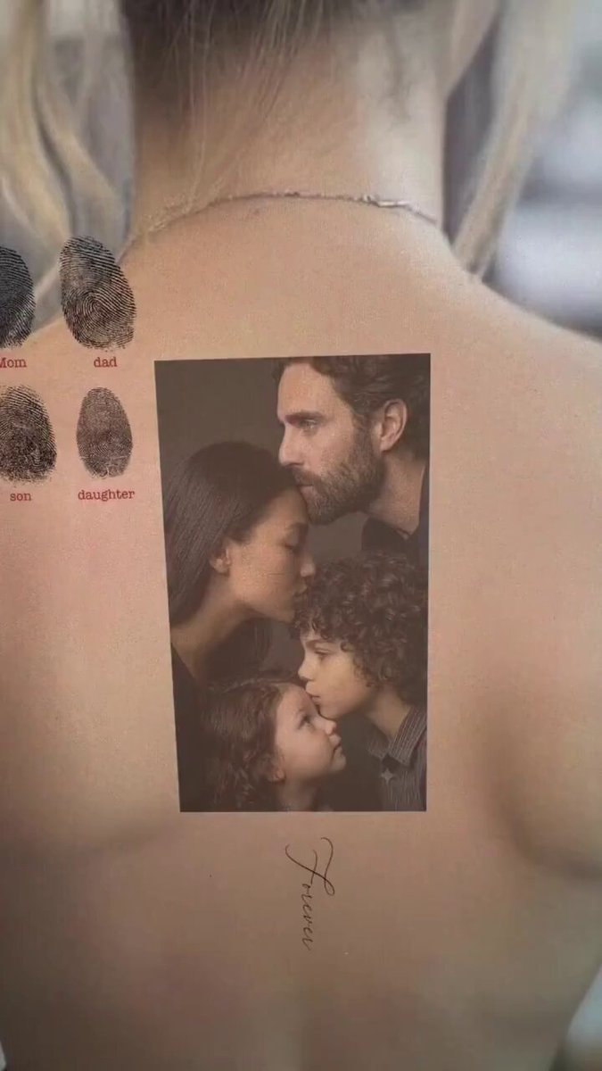 Tattoo with family photo and fingerprint art