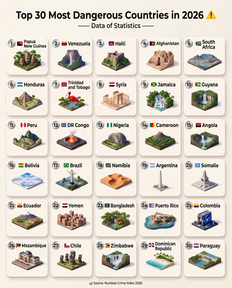 Top 30 Most Dangerous Countries 2026 ⚠️