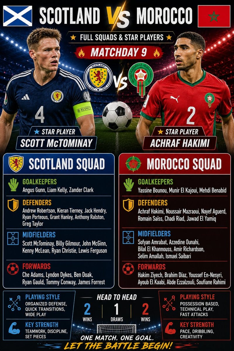 Scotland vs Morocco Matchday 9 squads