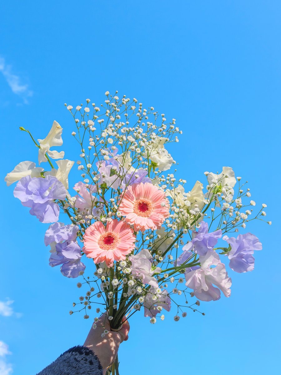 bouquet of flowers against blue sky