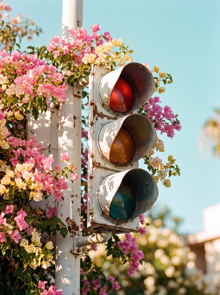 bougainvillea wrapped traffic light