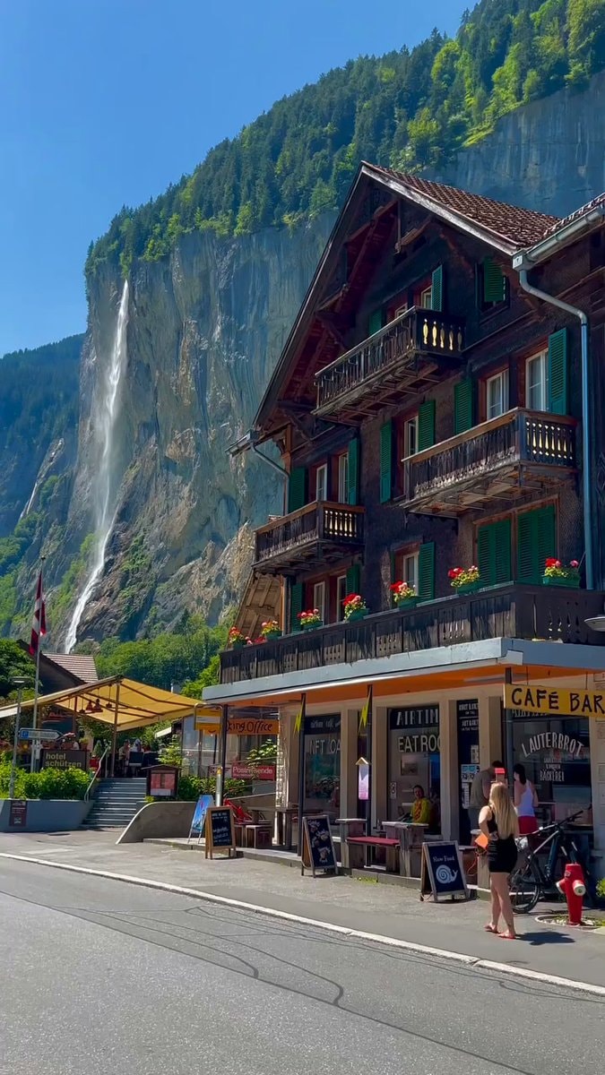 Swiss village waterfall view