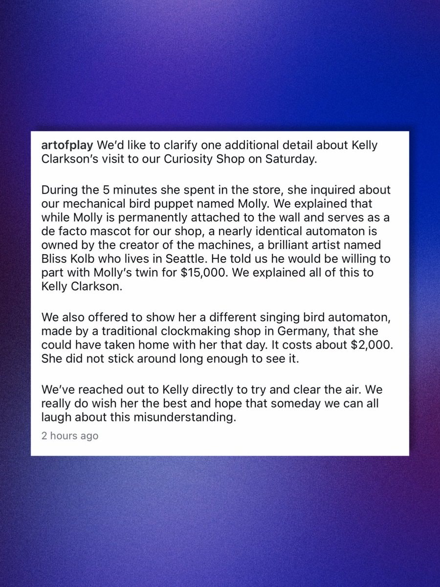 Kelly Clarkson Art of Play statement (photo 2 of 2) Kelly Clarkson Art of Play statement (photo 2 of 2)