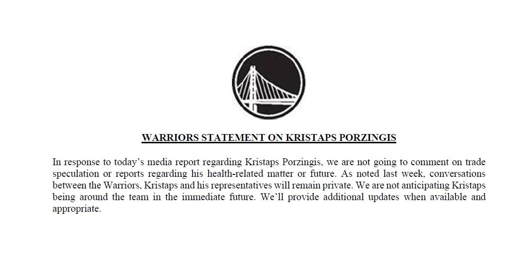 Warriors Statement On Kristaps Porzingis Warriors Statement On Kristaps Porzingis