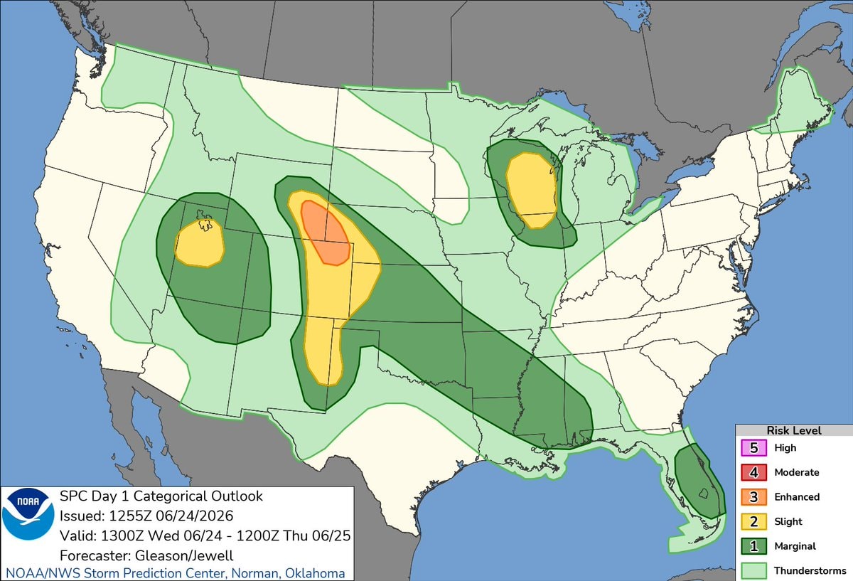 NOAA SPC severe thunderstorm outlook June 24 2026 NOAA SPC severe thunderstorm outlook June 24 2026
