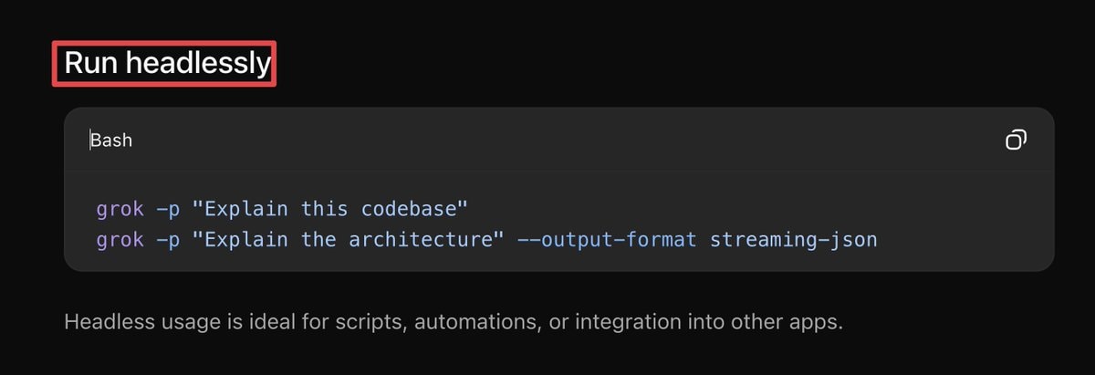 Grok Build headless command support
