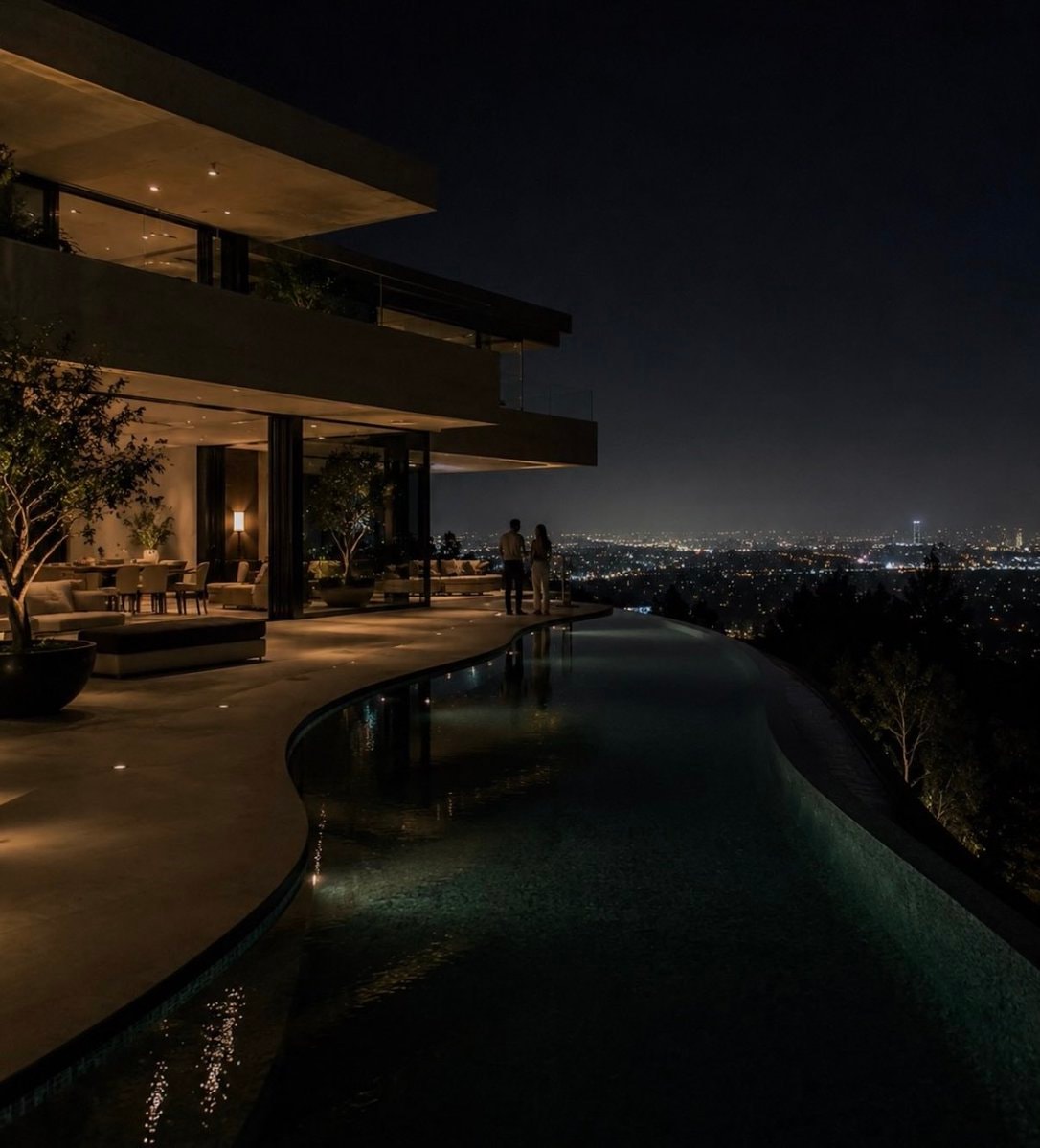 couple at infinity pool night view