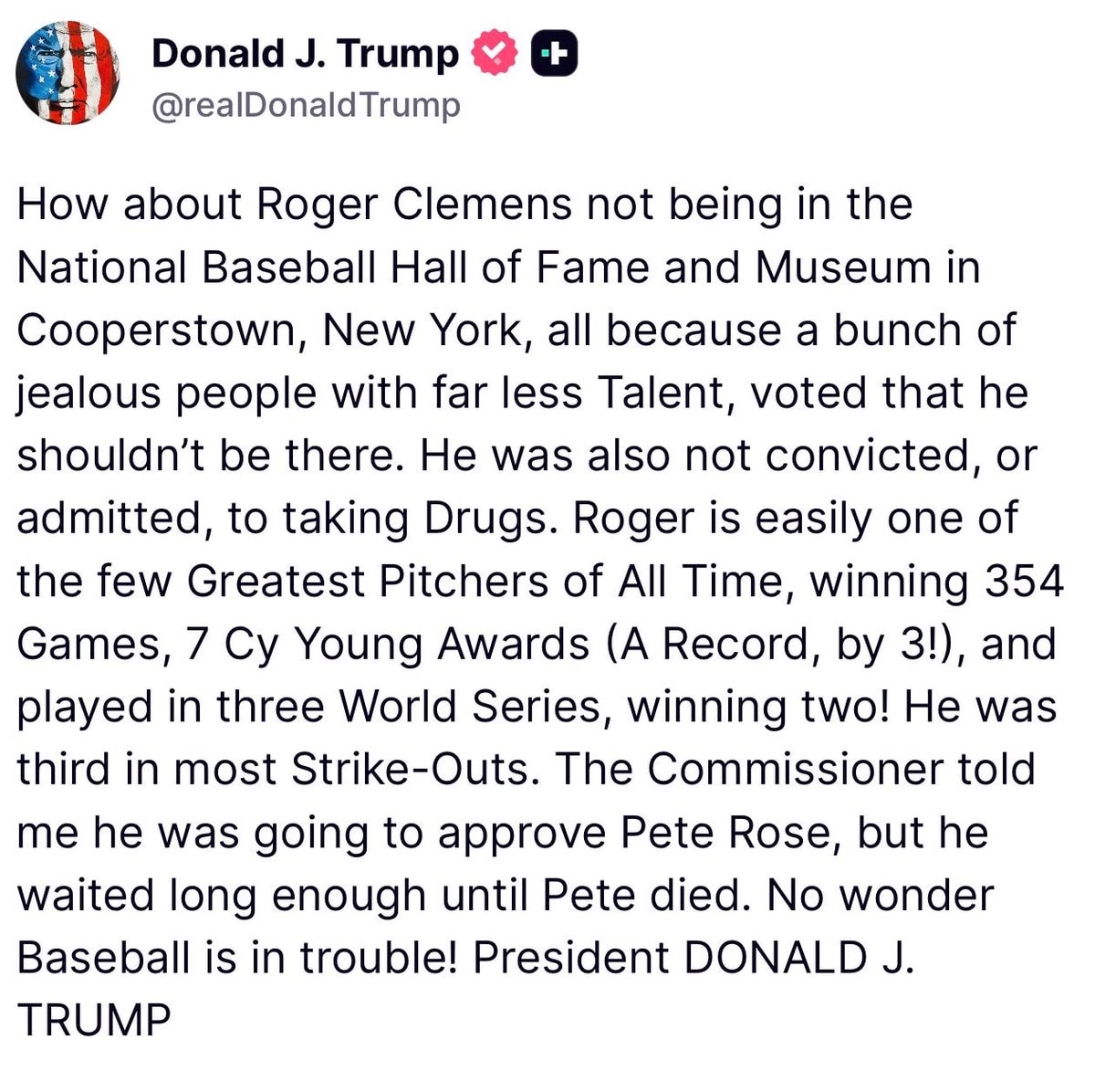 Trump on Roger Clemens Hall of Fame snub