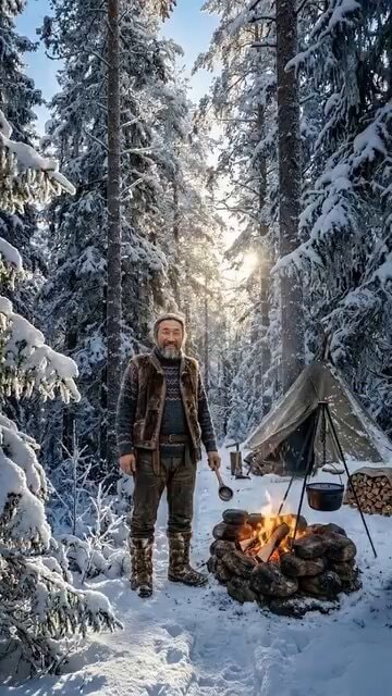 Cooking alone in a snowy forest