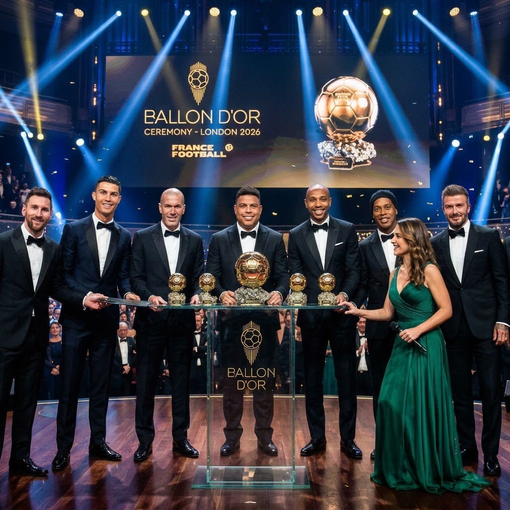 Football legends group photo on stage