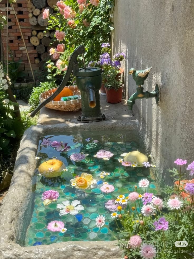 garden with vintage pump