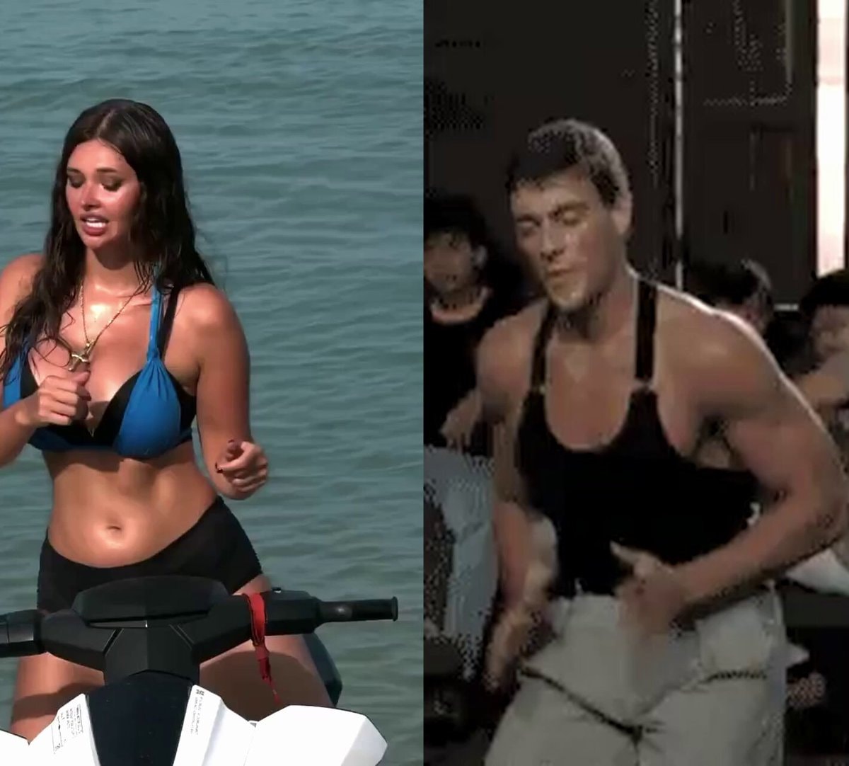 Jet ski and Van Damme split screen